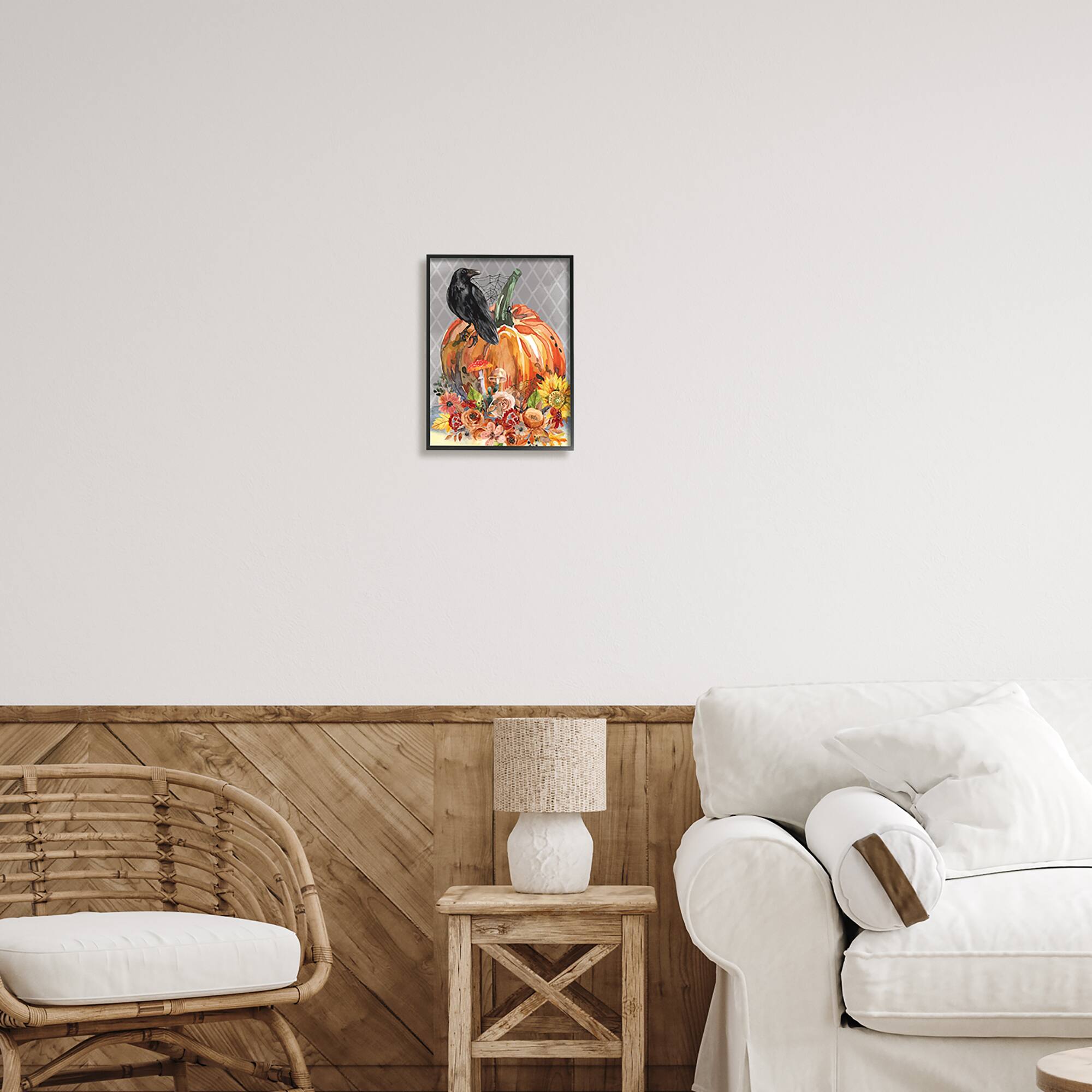 Stupell Industries Autumn Crow Pumpkin Botanicals Framed Giclee Art